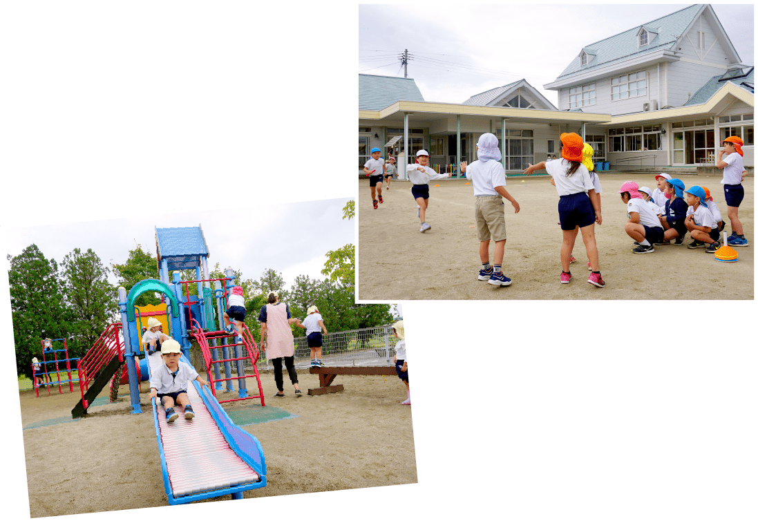 写真：福島ルンビニー幼稚園の園庭でかけっこをしたり、遊具で楽しそうに遊ぶ園児たち